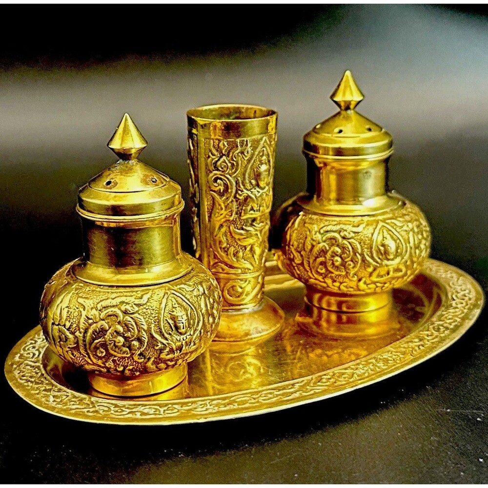 VTG 1970s Siam Thai Brass Set 2 Salt & Pepper Shakers Toothpick Holder Tray 5"